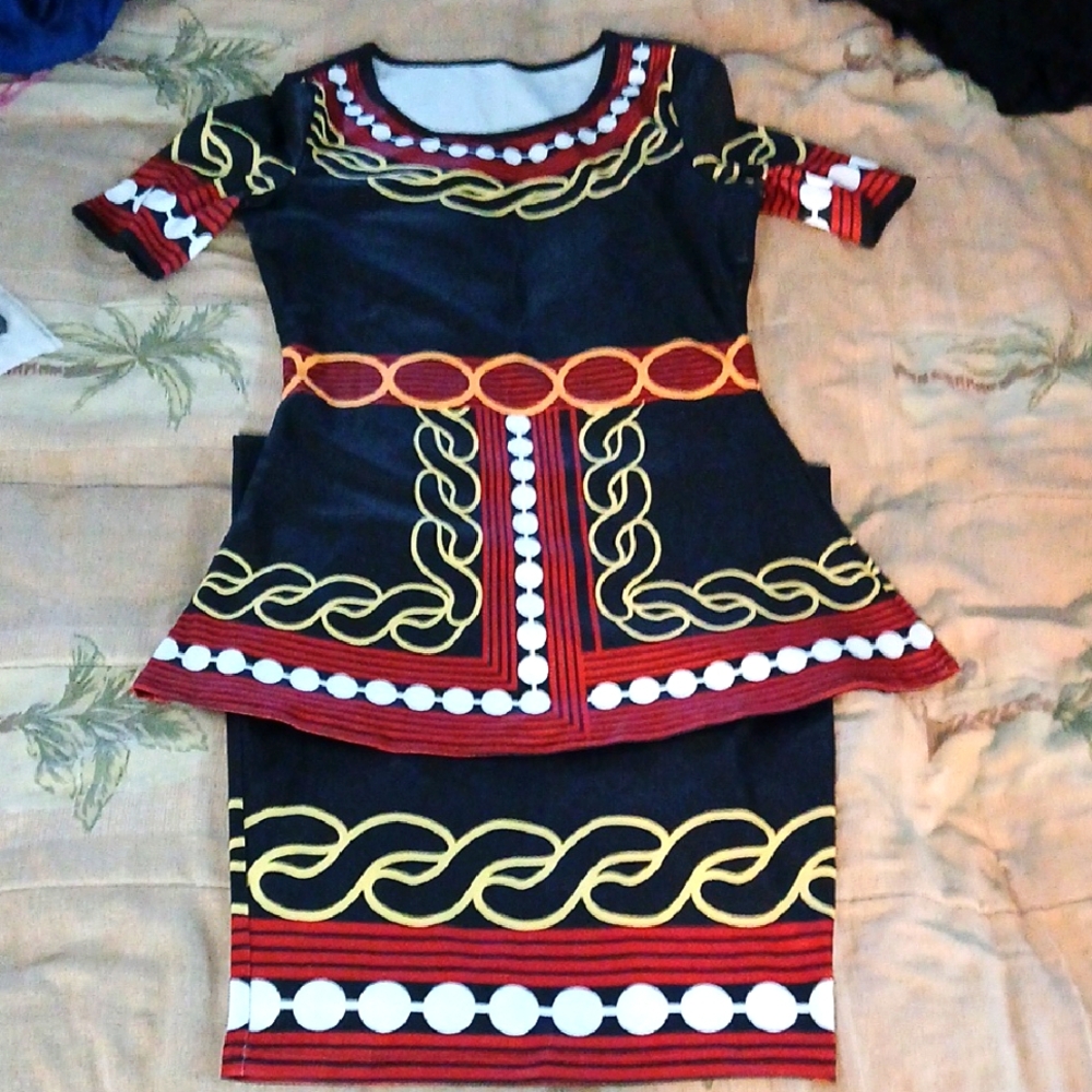 Black and Red Asymmetrical 2pc Skirt Set with Short Sleeves